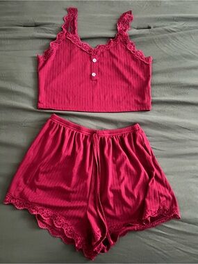 SHEIN Lace-Trim Ribbed Cami & Shorts Set